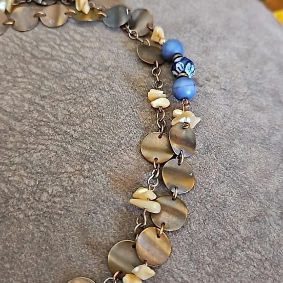 VTG Coldwater Creek Ceramic Shell Bronze Disc Beaded Chain Long Necklace - Picture 5 of 9